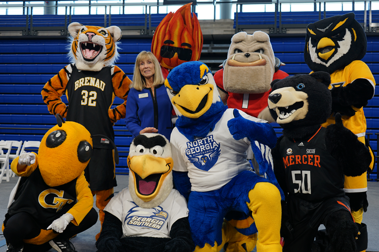 President Riley with mascots at 2023 Valedictorian Receptions